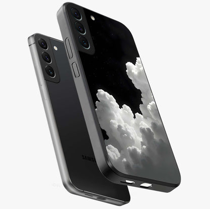 Black Background With White Cloud Glass Case displayed in angled mockup highlighting soft white cloud illustration and minimal design.