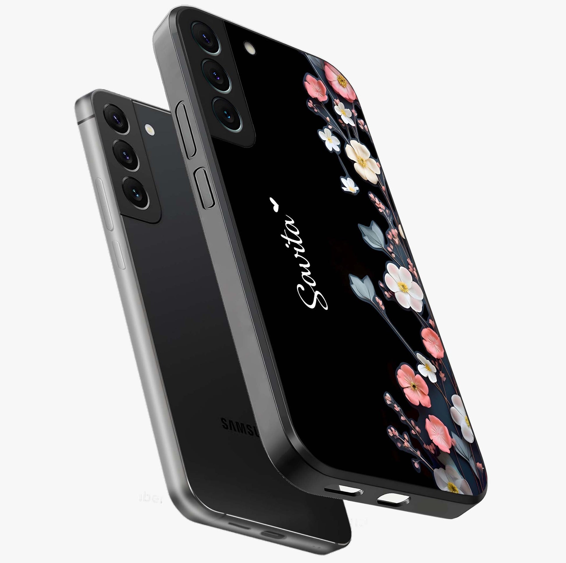 Black Elegance Floral Custom Name Glass Case displayed in angled mockup highlighting dark floral aesthetic and custom name feature.