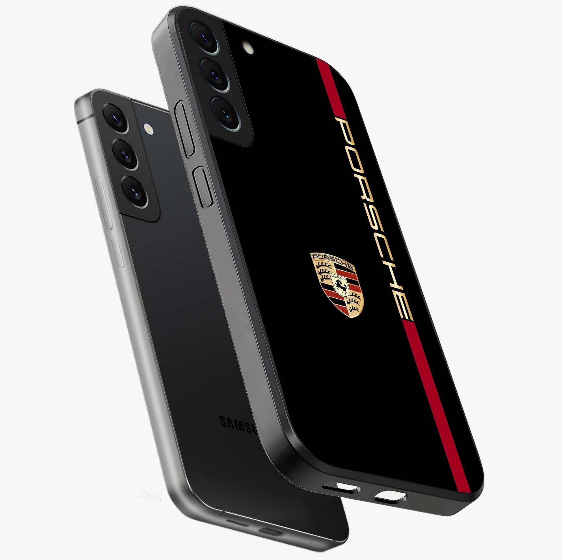 Black Minimal Porsche Glass Case displayed in angled mockup highlighting modern minimal car illustration and clean aesthetic design.