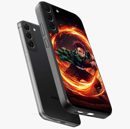 Blazing Sword Resolve Glass Case displayed in angled mockup highlighting powerful sword illustration and bold fantasy theme.