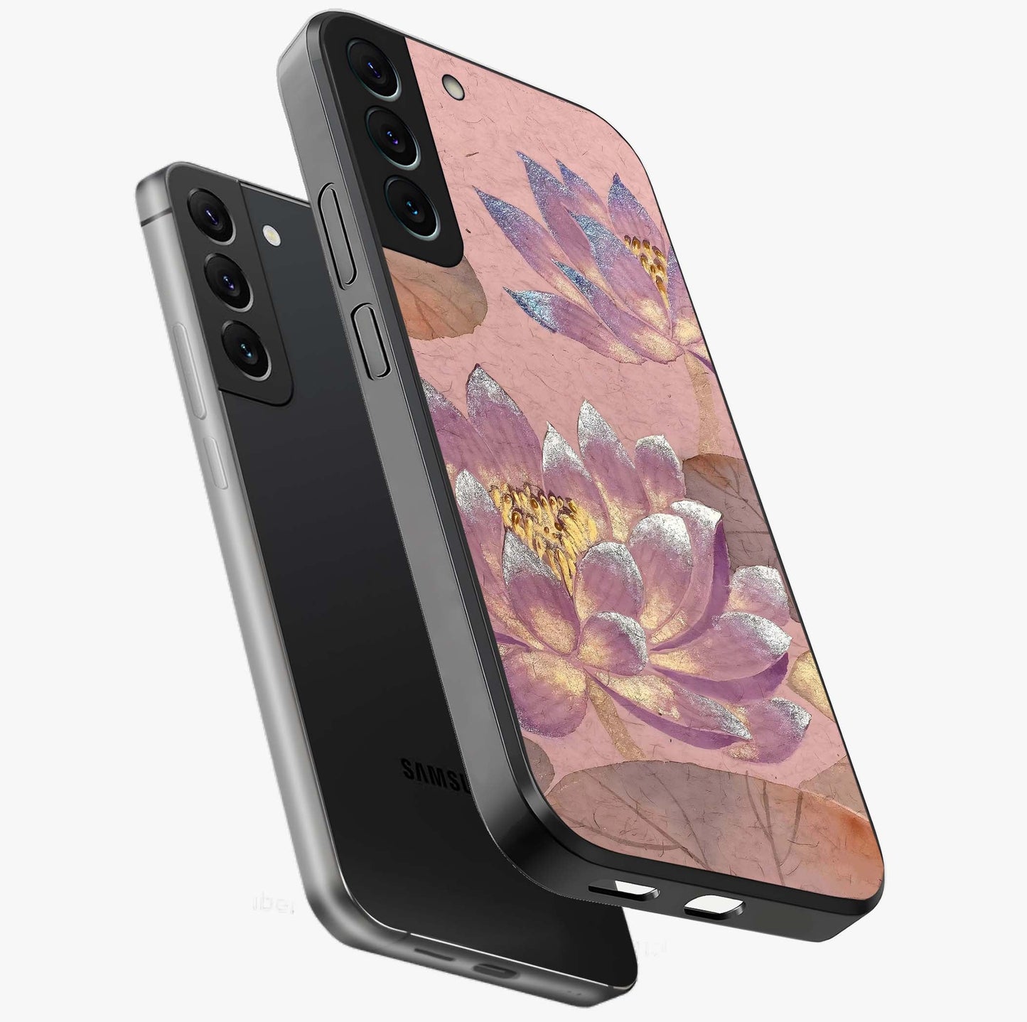 Blossom Mist Lotus Glass Case displayed in angled mockup highlighting delicate lotus illustration with calm aesthetic theme.