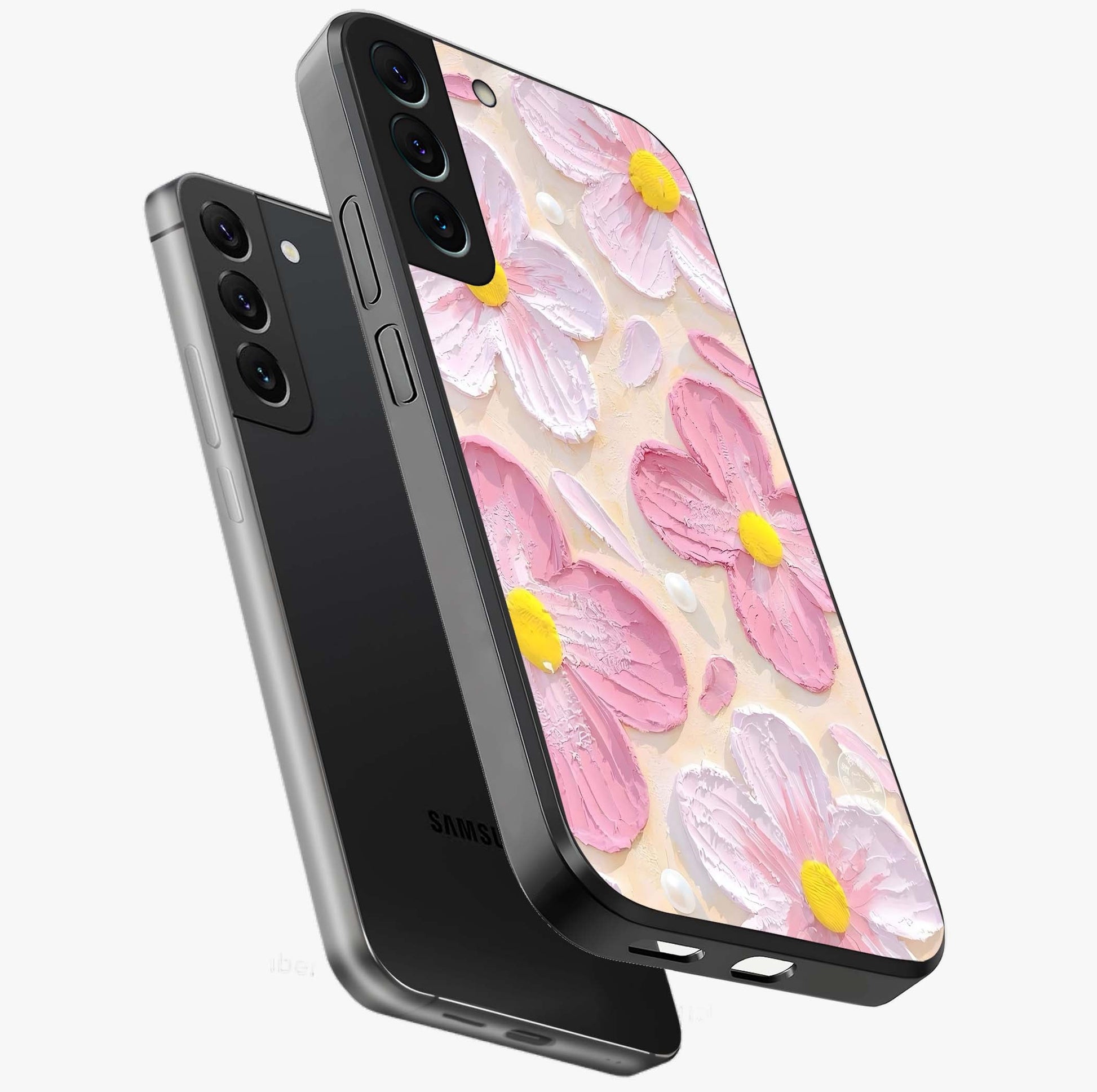Blush Bloom Texture Glass Case displayed in angled mockup highlighting subtle bloom pattern with aesthetic pastel design.