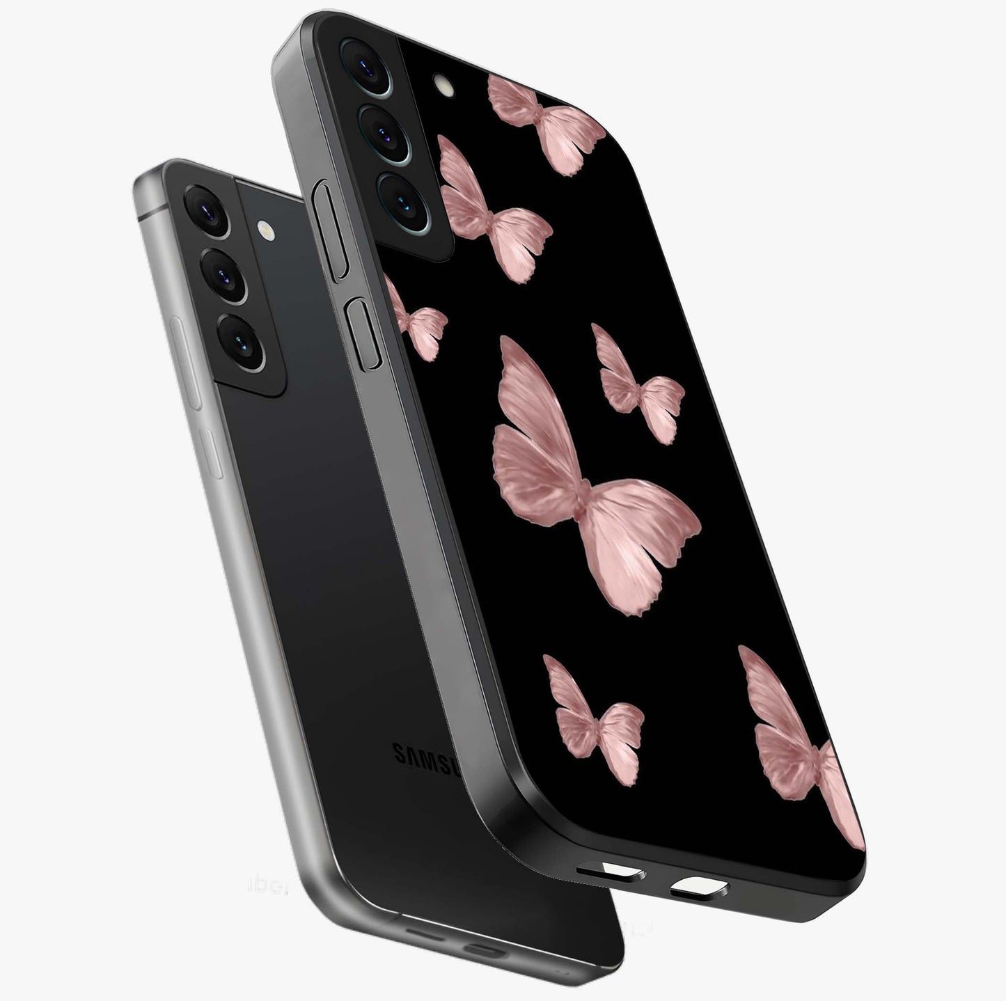 Butterfly Pattern Glass Case displayed in angled mockup highlighting delicate butterfly design and aesthetic pattern style.