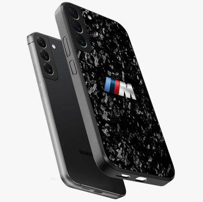 Carbon Speed Mark Glass Case displayed in angled mockup highlighting racing inspired carbon design and sleek aesthetic style.