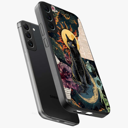 Celestial Black Cat Glass Case displayed in angled mockup highlighting cosmic black cat design with celestial aesthetic.