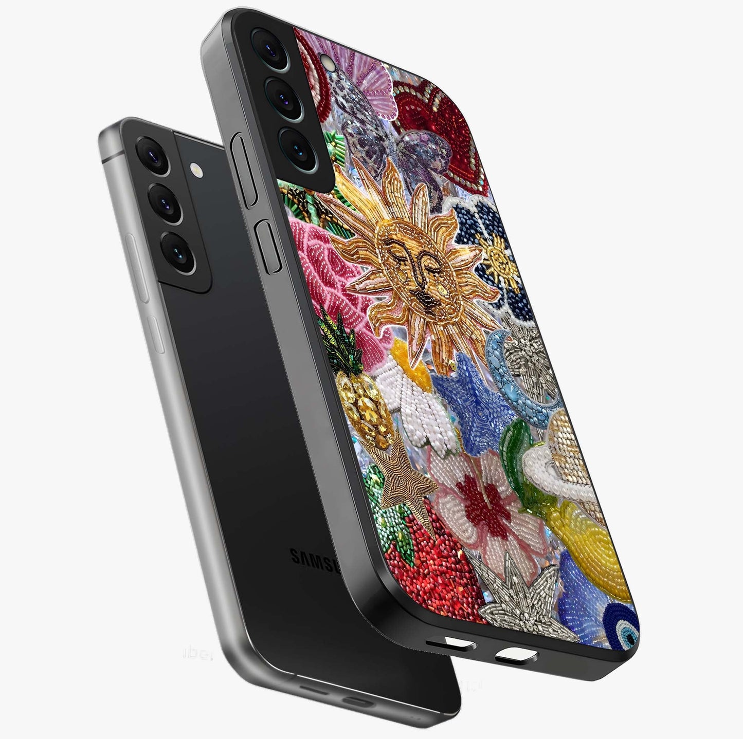 Celestial Floral and Playful Glass Case displayed in angled mockup highlighting playful floral design with dreamy celestial elements.