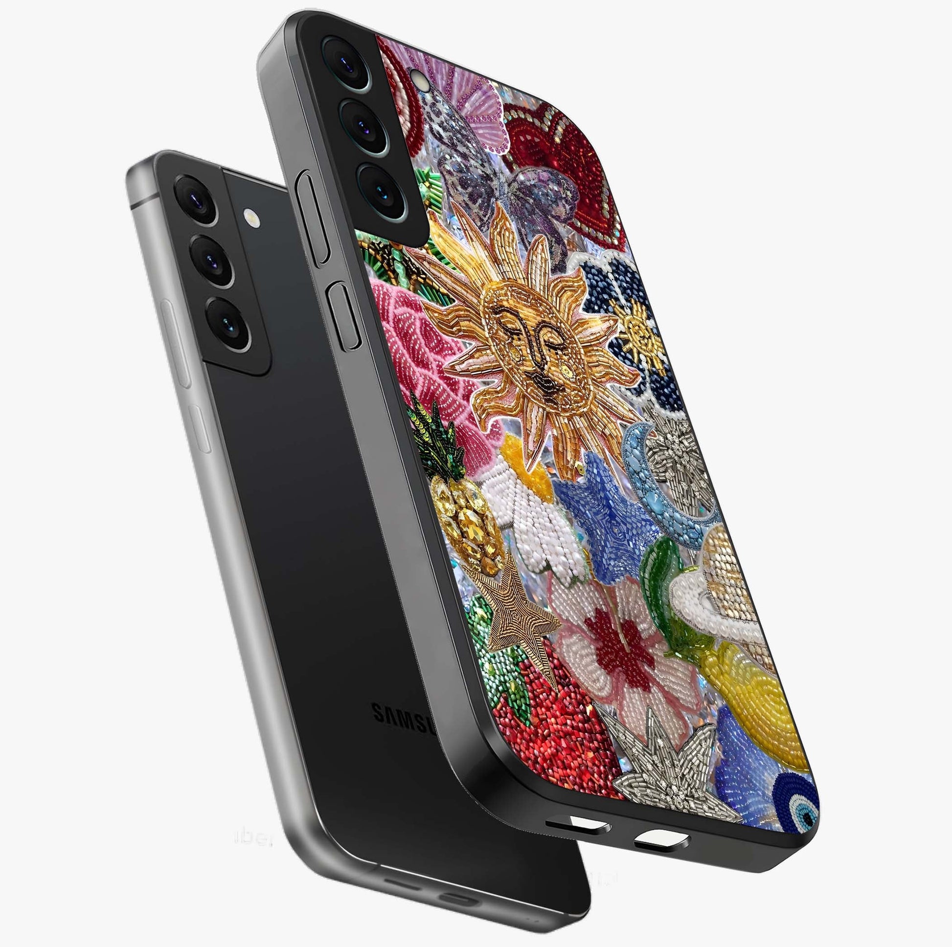 Celestial Floral and Playful Glass Case displayed in angled mockup highlighting playful floral design with dreamy celestial elements.