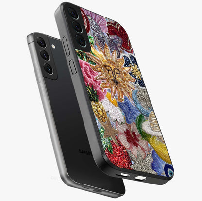 Celestial Floral and Playful Glass Case displayed in angled mockup highlighting playful floral design with dreamy celestial elements.