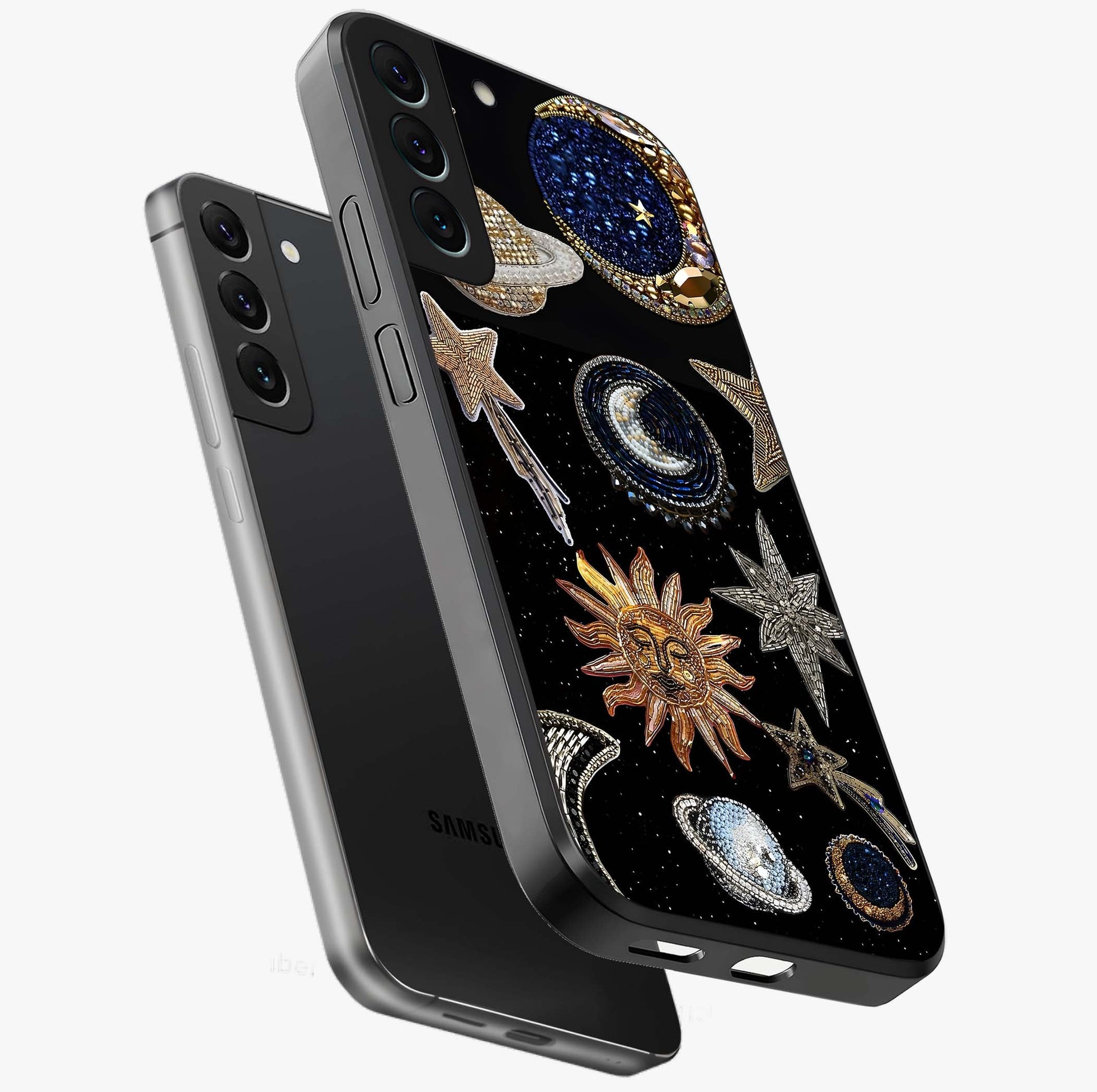 Celestial Gem Constellations Glass Case displayed in angled mockup highlighting gemstone inspired constellation design.