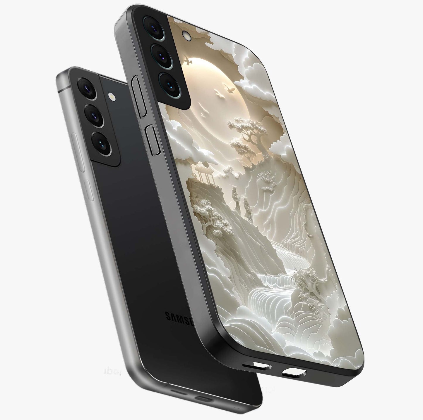 Celestial Origami Glass Case displayed in angled mockup highlighting geometric origami design with cosmic aesthetic theme.