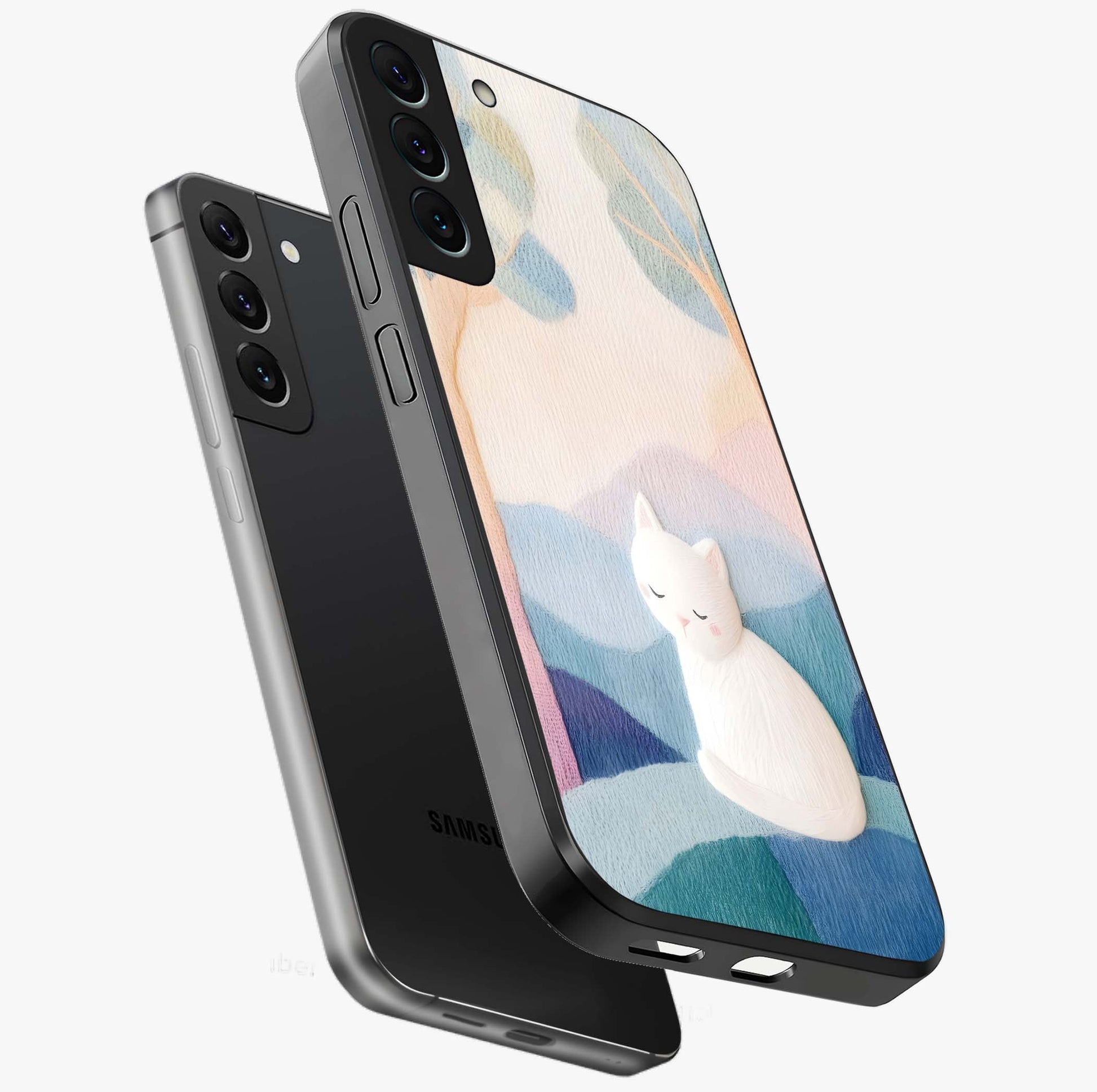 Cotton Dream Cat Glass Case displayed in angled mockup highlighting cute feline illustration with pastel aesthetic style.