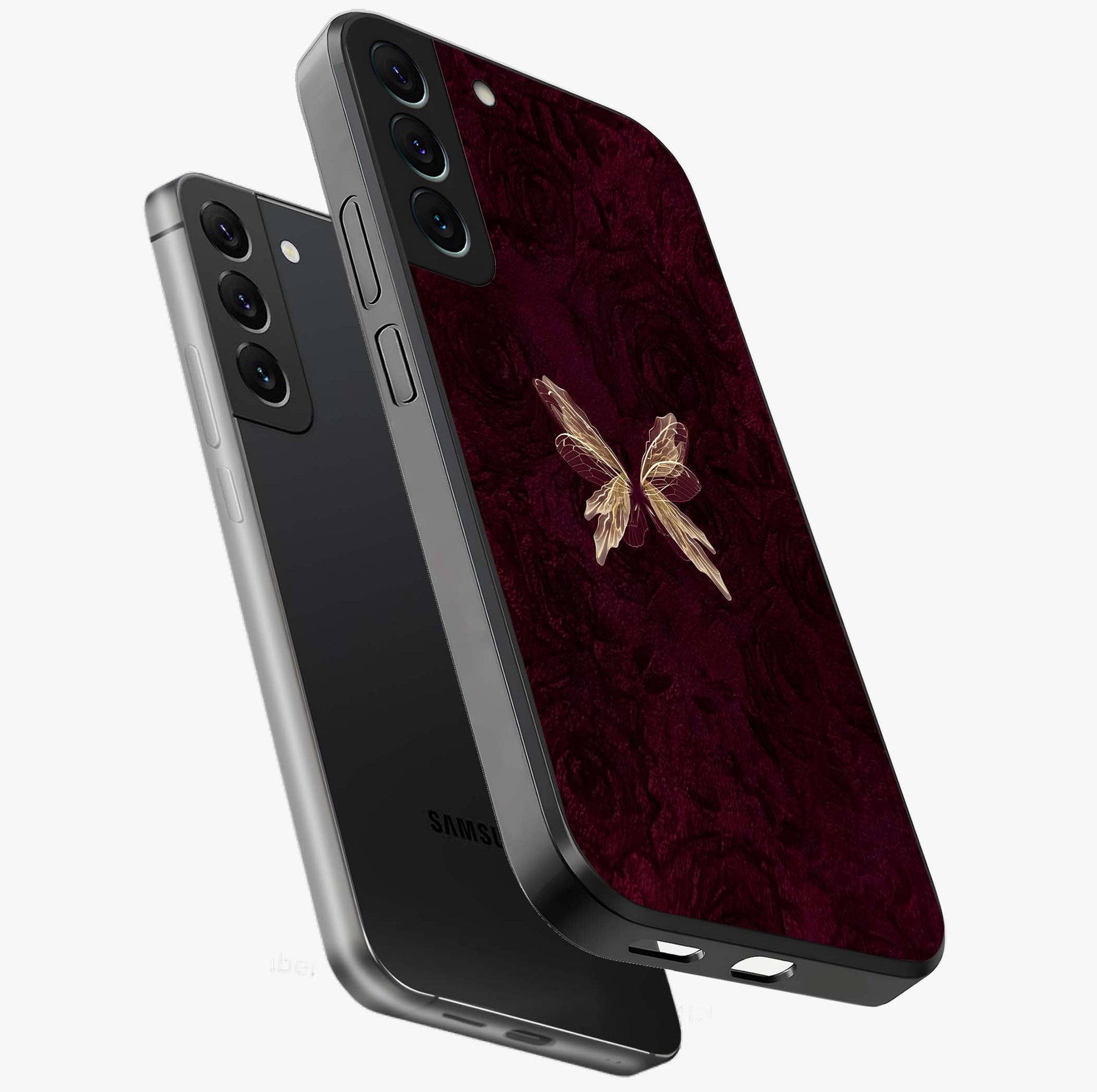 Crimson Fade Butterfly Glass Case displayed in angled mockup highlighting elegant butterfly design with crimson gradient aesthetic.