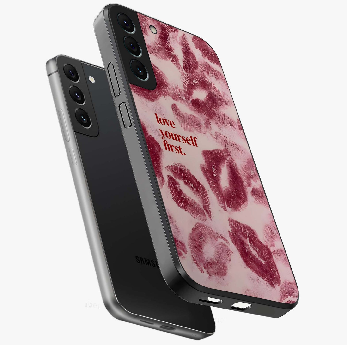 Crimson Kiss Love Glass Case displayed in angled mockup highlighting bold love inspired design with modern aesthetic style.