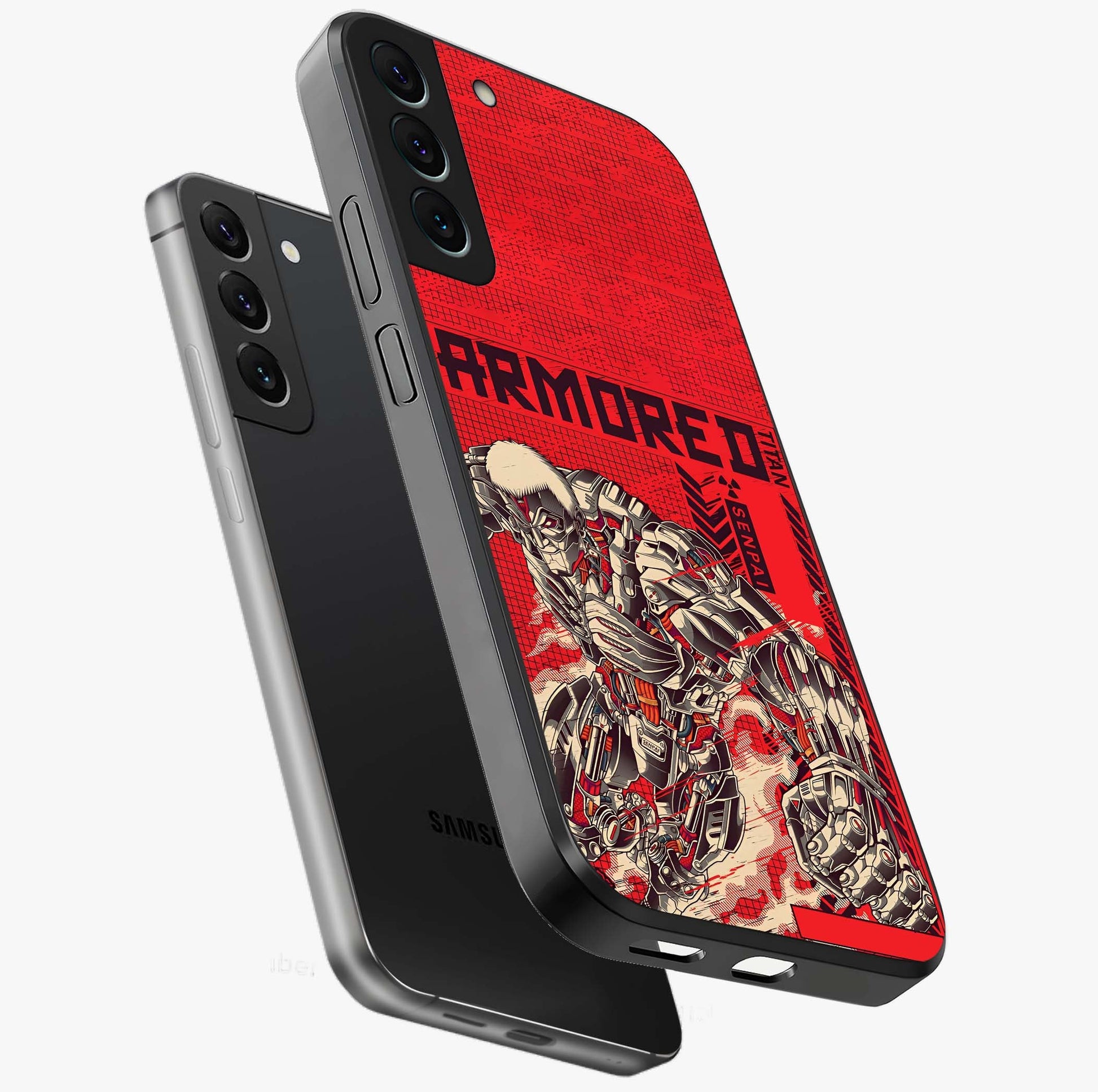 Crimson Mecha Titan Glass Case displayed in angled mockup highlighting futuristic mech illustration with bold crimson aesthetic.