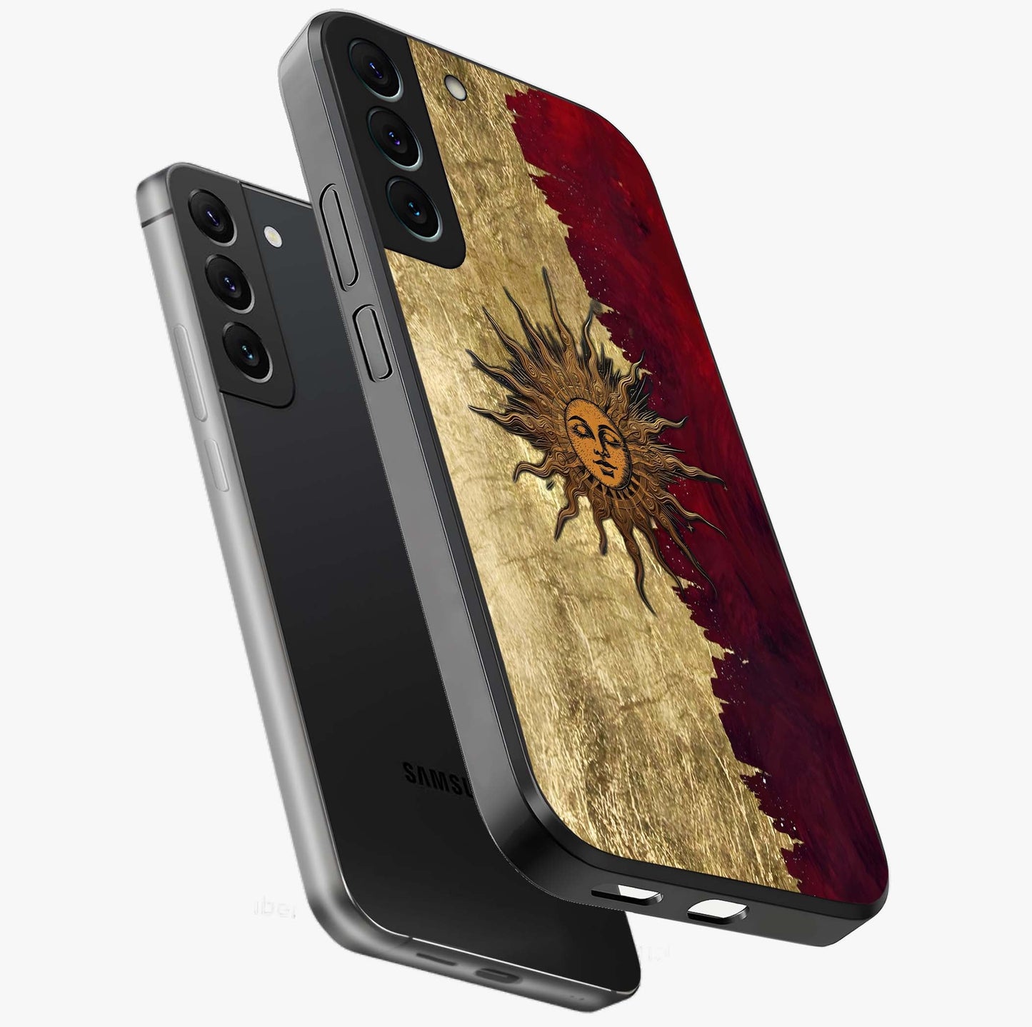Crimson Sun Majesty Glass Case displayed in angled mockup highlighting majestic crimson sun design with bold aesthetic style.