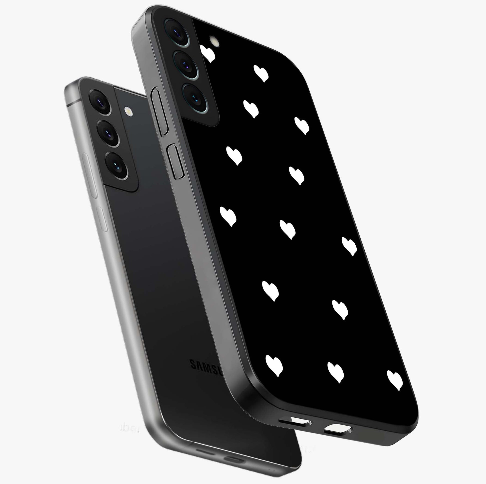 Cute And Simple White Hearts Glass Case displayed in angled mockup highlighting cute heart design with clean aesthetic style.