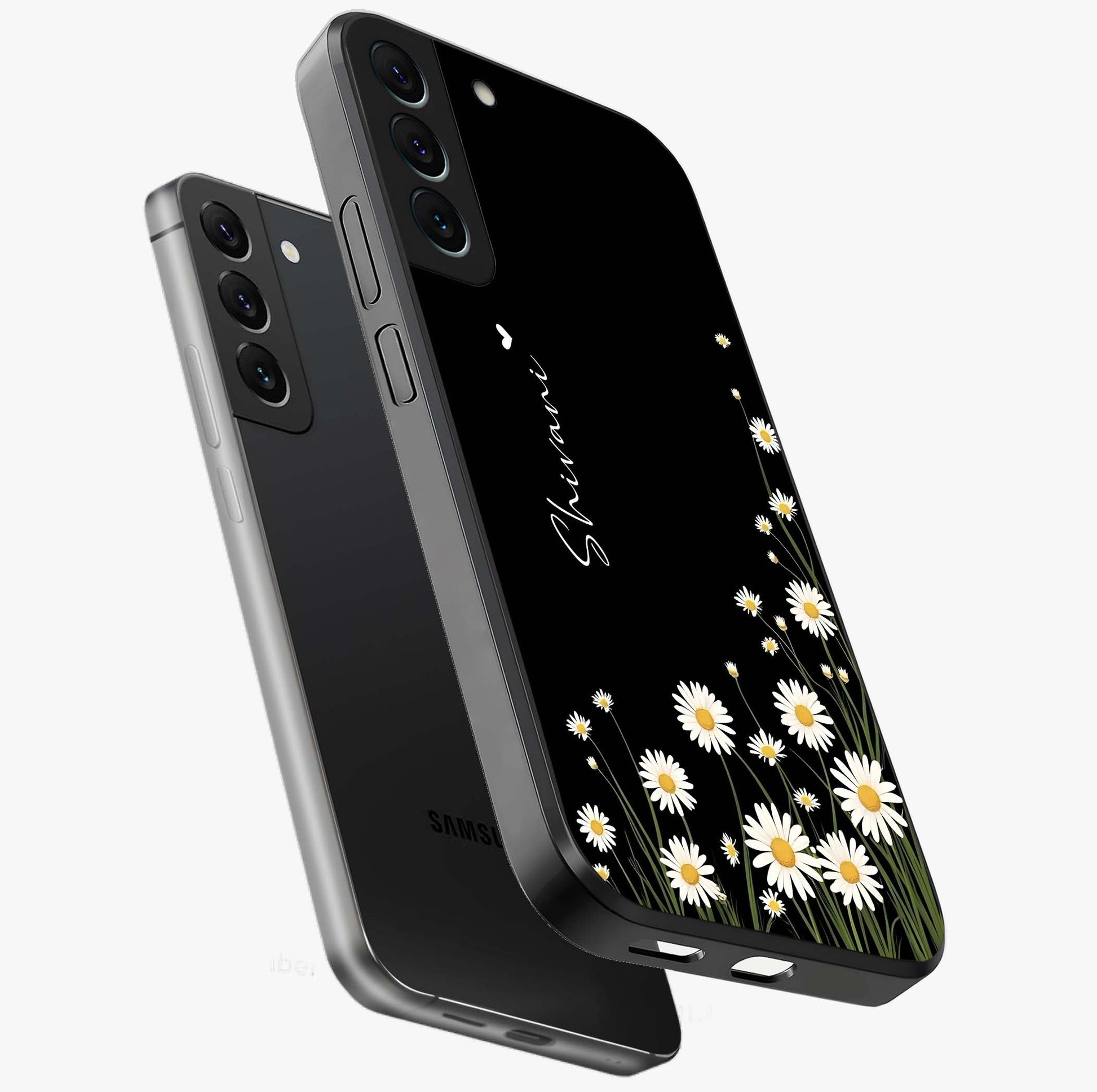 Daisy Cascade Custom Name Glass Case displayed in angled mockup highlighting delicate daisy artwork with custom name feature.
