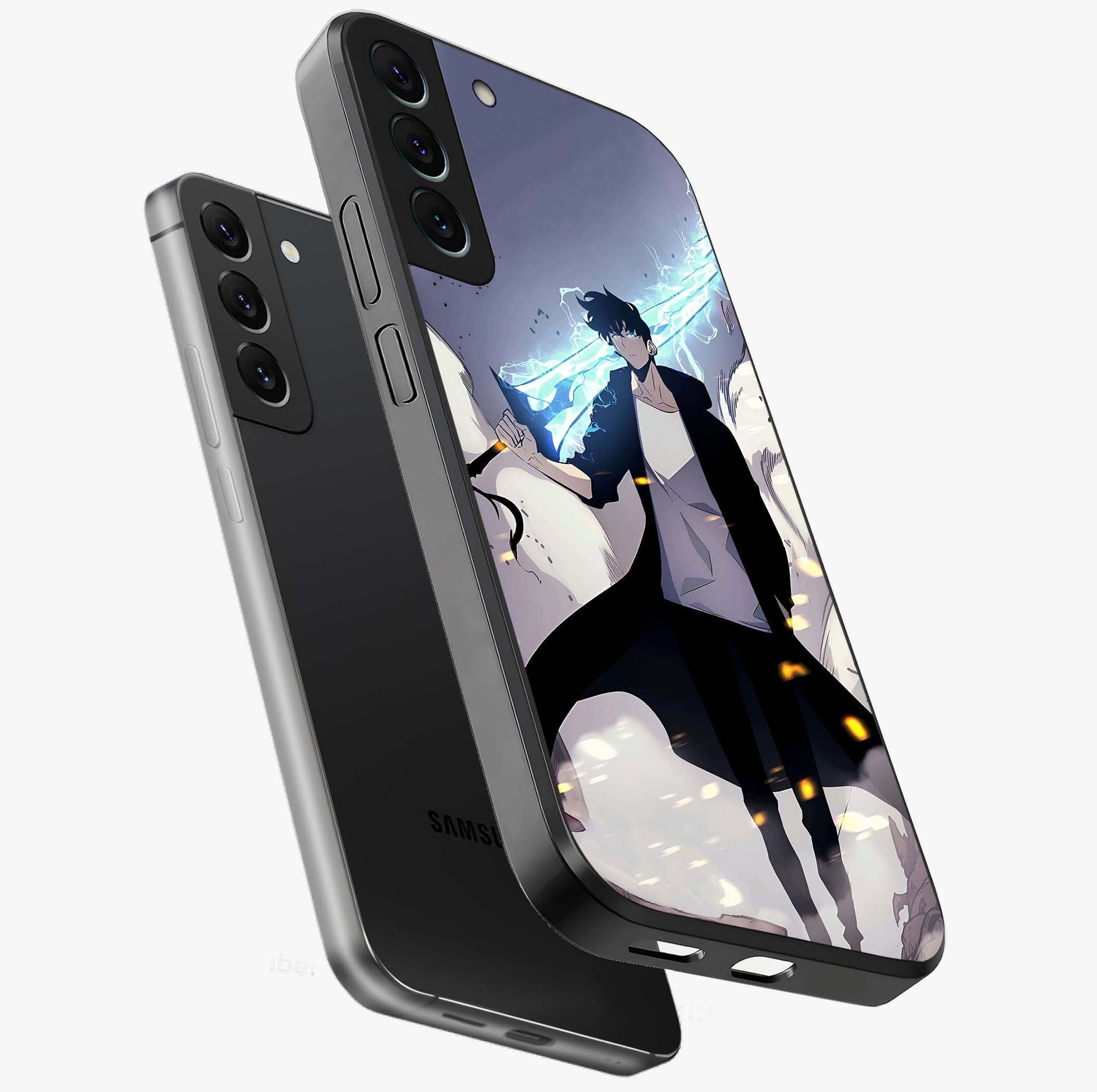 Dark Lightning Anime Warrior Glass Case displayed in angled mockup highlighting powerful lightning themed anime illustration.