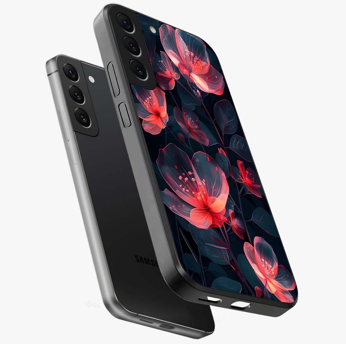 Dark Shade of Flower Glass Case displayed in angled mockup highlighting moody floral illustration with aesthetic dark tones.