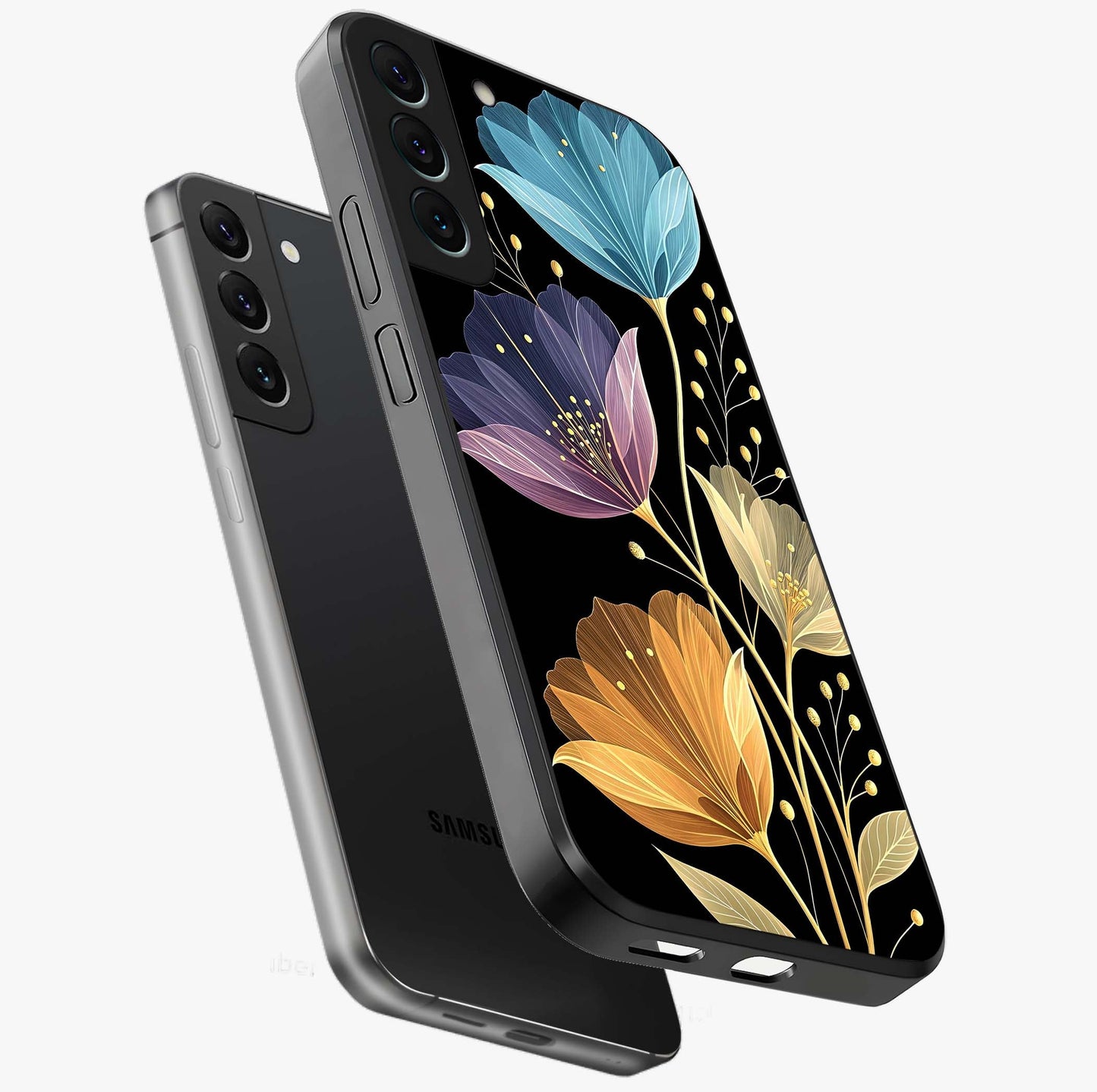 Delicate Multicolor Flowers Glass Case displayed in angled mockup highlighting colorful flower pattern with soft aesthetic style.