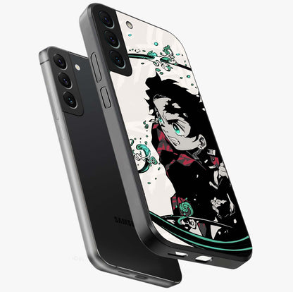 Demon Slayer Glass Case displayed in angled mockup highlighting dramatic anime character design with action aesthetic.