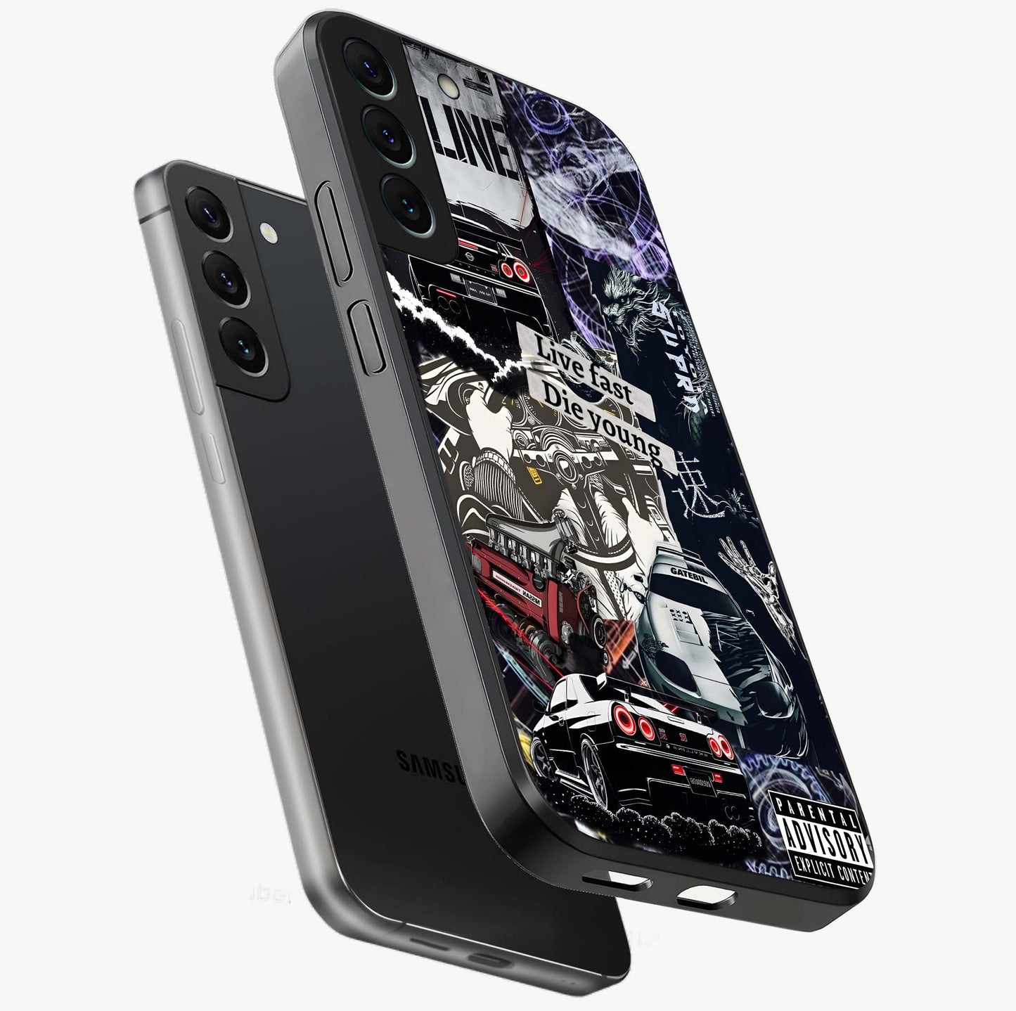 Die Young Glass Case displayed in angled mockup highlighting expressive graphic artwork with edgy aesthetic style.