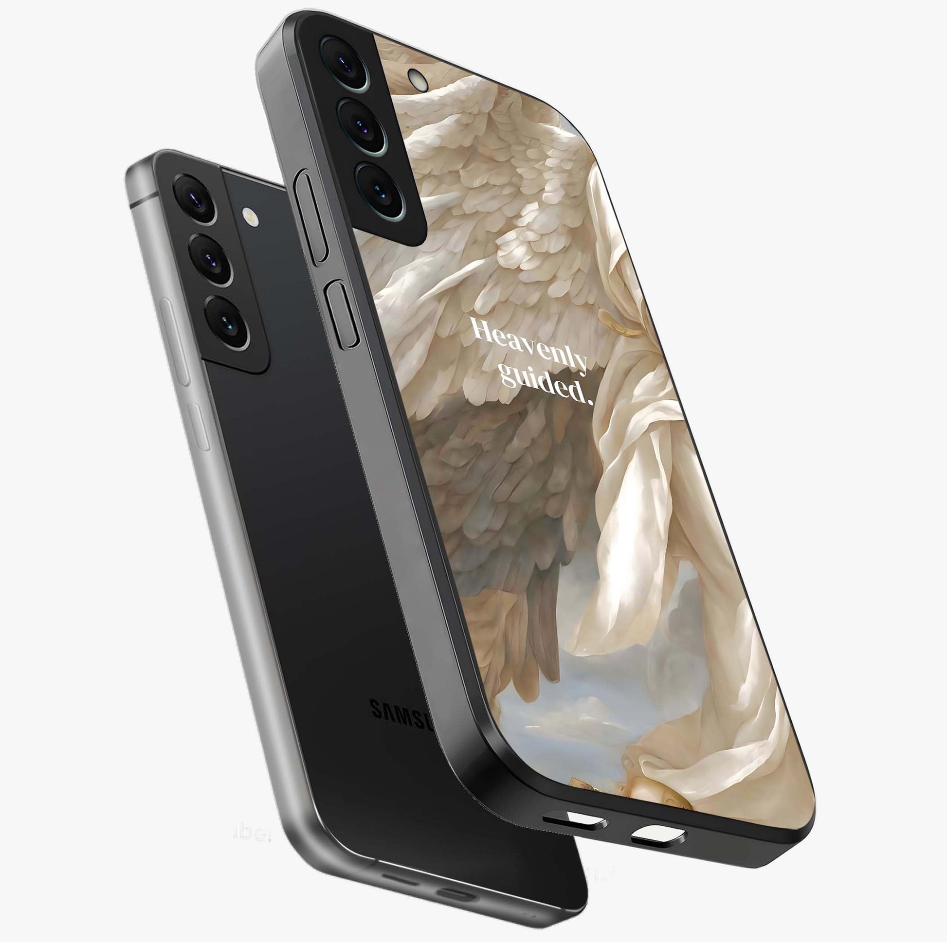 Divine Winged Grace Glass Case displayed in angled mockup highlighting graceful wing design with divine aesthetic style.