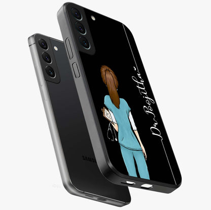 Doctor Pattern Custom Name Glass Case displayed in angled mockup highlighting doctor inspired artwork with custom name feature.