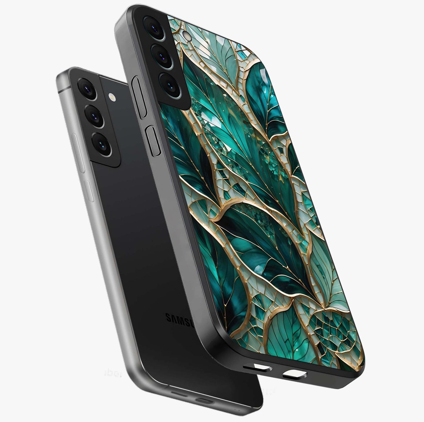 Emerald Leaf Glass Glass Case displayed in angled mockup highlighting botanical leaf illustration with elegant natural aesthetic.