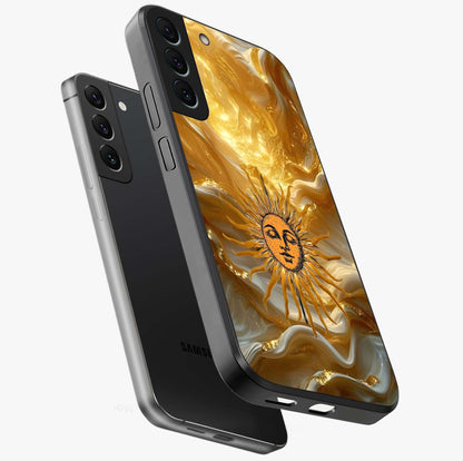Eternal Golden Glow Glass Case displayed in angled mockup highlighting glowing golden aesthetic design with elegant style.