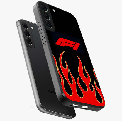 Fire F11 Glass Case displayed in angled mockup highlighting bold fire inspired graphic with energetic aesthetic style.