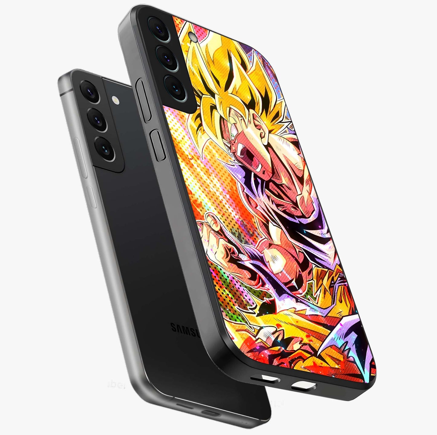 Firing Goku Glass Case displayed in angled mockup highlighting dynamic anime character design with action aesthetic.