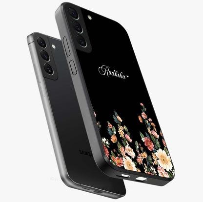 Floral Design With a Custom Personalized Name Glass Case displayed in angled mockup highlighting elegant floral pattern with custom name feature.