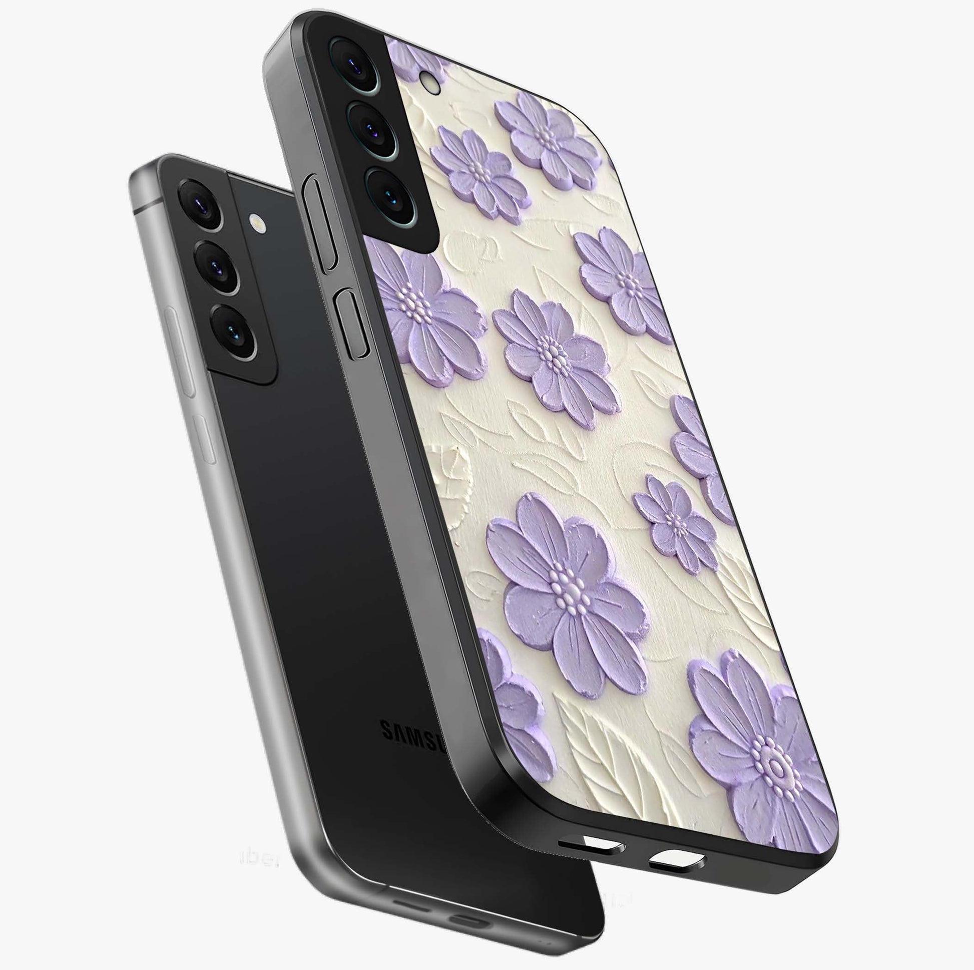 Floral Wall Art With Purple Flowers Glass Case displayed in angled mockup highlighting vibrant purple floral illustration with artistic aesthetic.