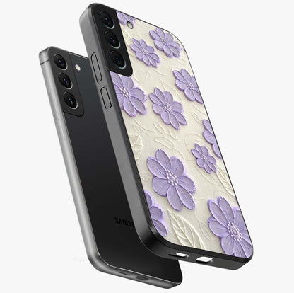 Floral Wall Art With Purple Flowers Glass Case displayed in angled mockup highlighting vibrant purple floral illustration with artistic aesthetic.