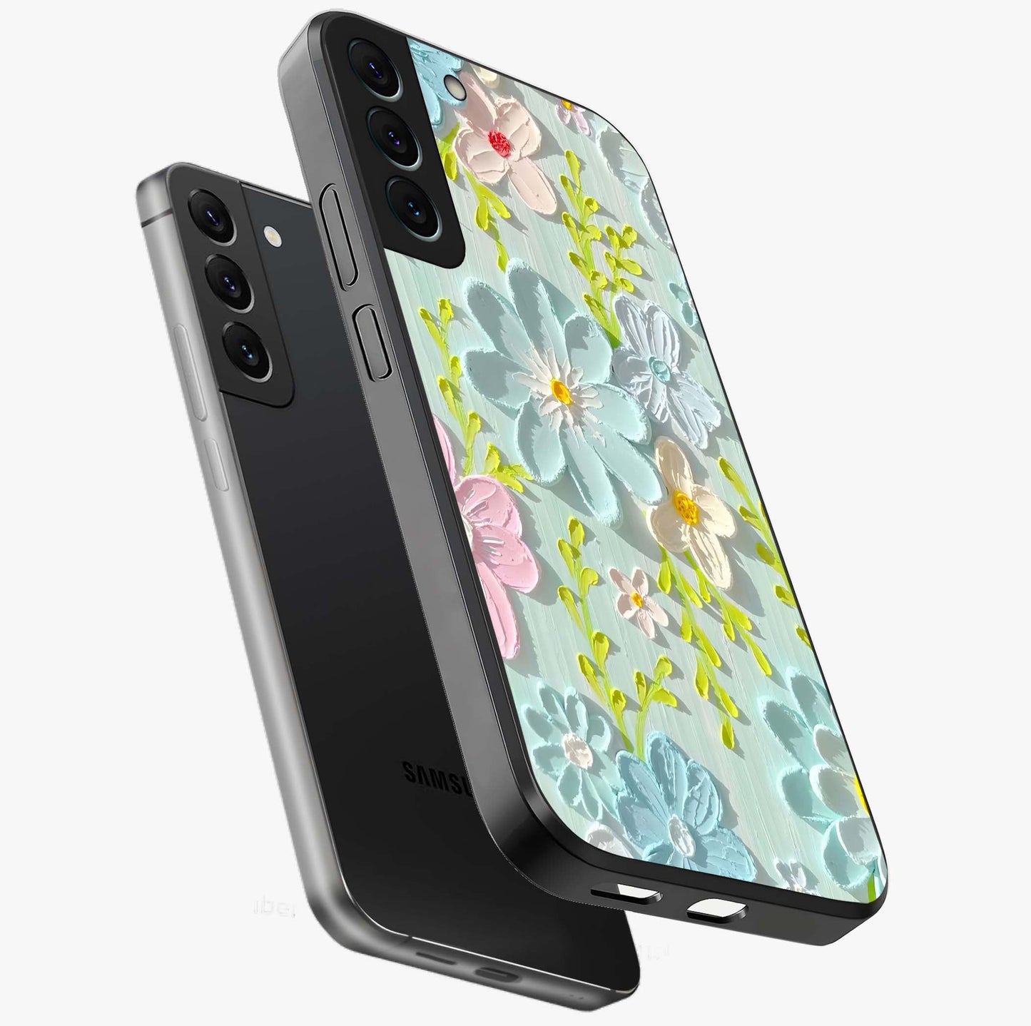 Frosted Petal Garden Glass Case displayed in angled mockup highlighting delicate flower petal design with calm garden aesthetic.