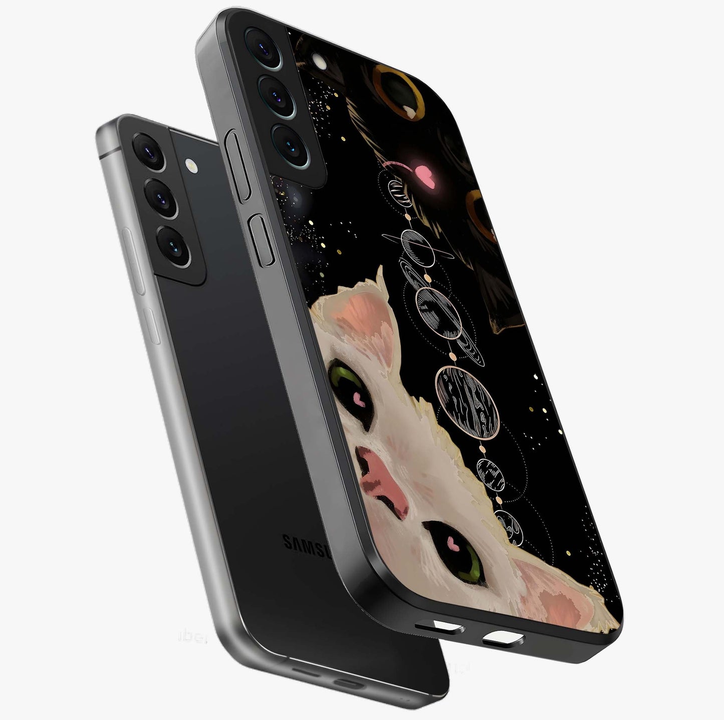 Galactic Cat Glass Case displayed in angled mockup highlighting celestial feline illustration with galaxy aesthetic style.