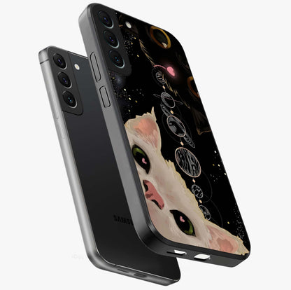 Galactic Cat Glass Case displayed in angled mockup highlighting celestial feline illustration with galaxy aesthetic style.