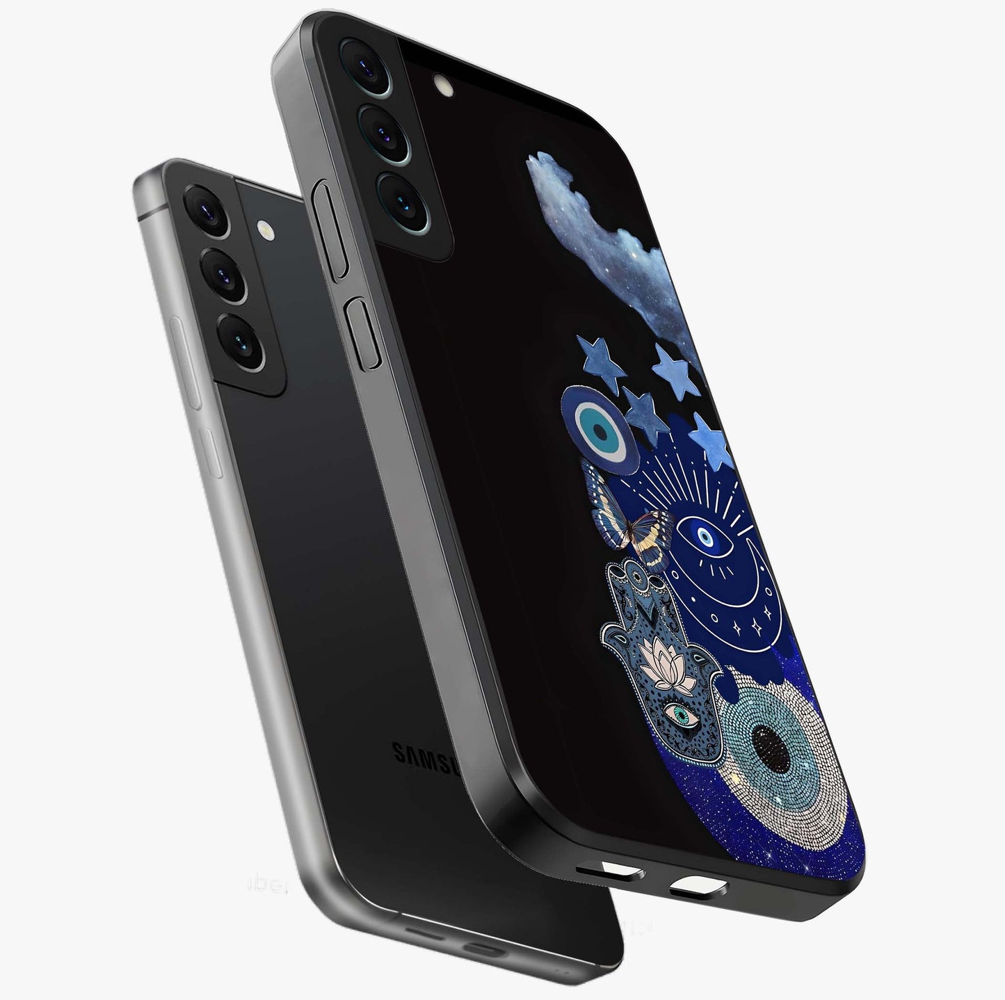 Galactic Charm Cluster Glass Case displayed in angled mockup highlighting luminous galaxy inspired design with dreamy aesthetic.
