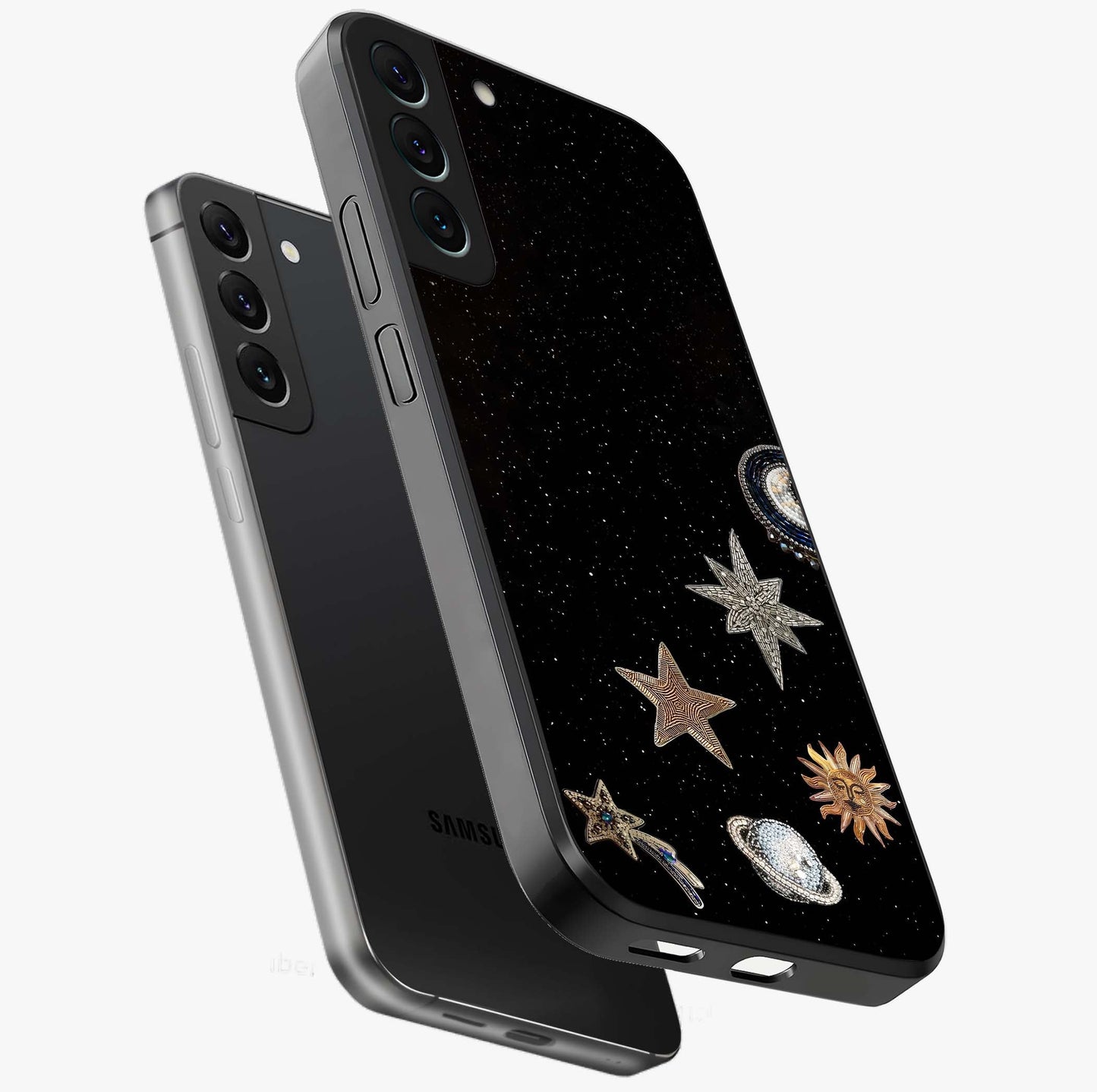 Galactic Charm Glow Glass Case displayed in angled mockup highlighting luminous galaxy inspired design with dreamy aesthetic.