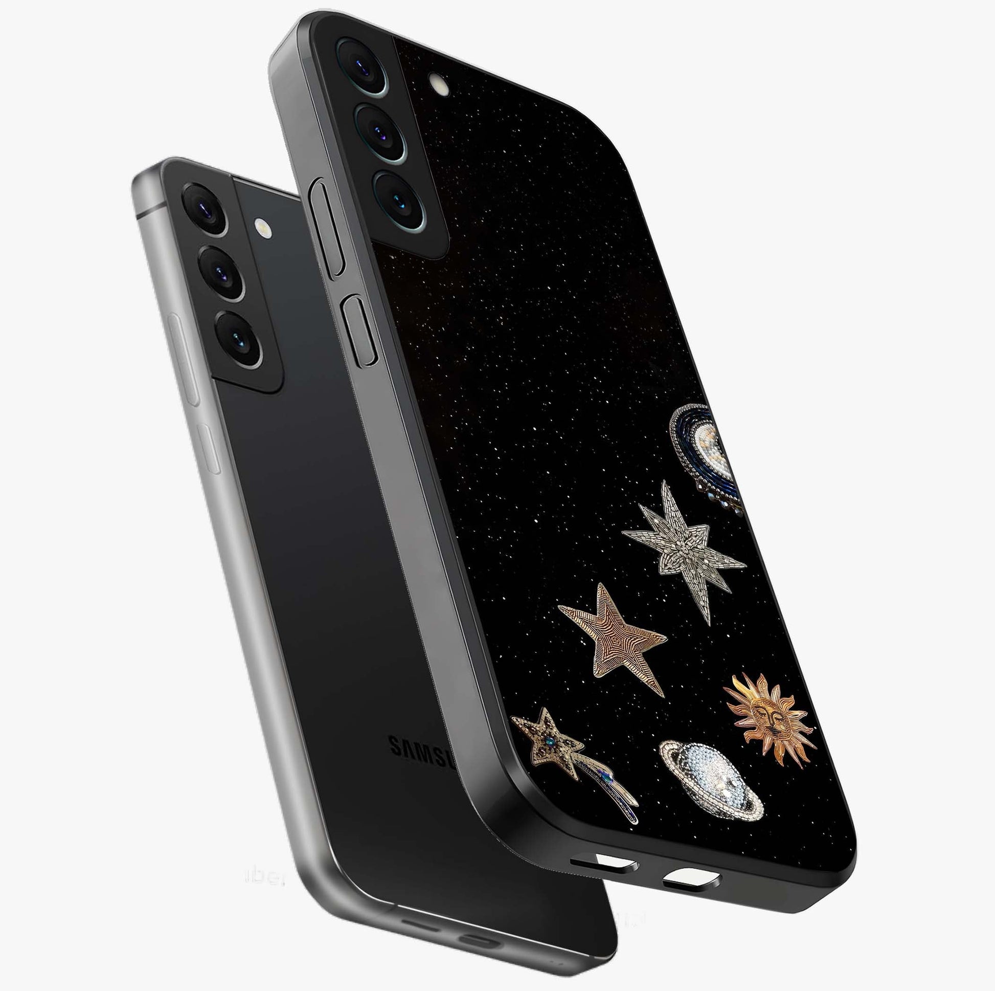 Galactic Charm Glow Glass Case displayed in angled mockup highlighting luminous galaxy inspired design with dreamy aesthetic.