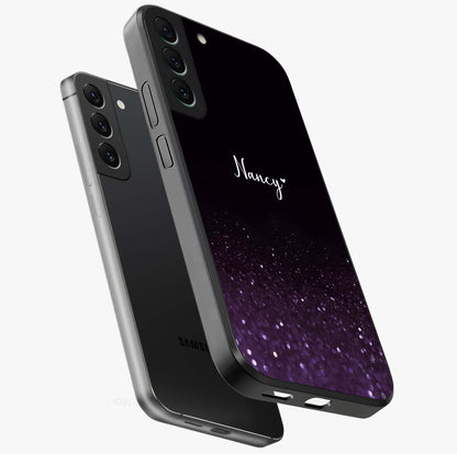 Glittery Purple Bokeh Custom Name Glass Case displayed in angled mockup highlighting glitter bokeh pattern with custom name feature.