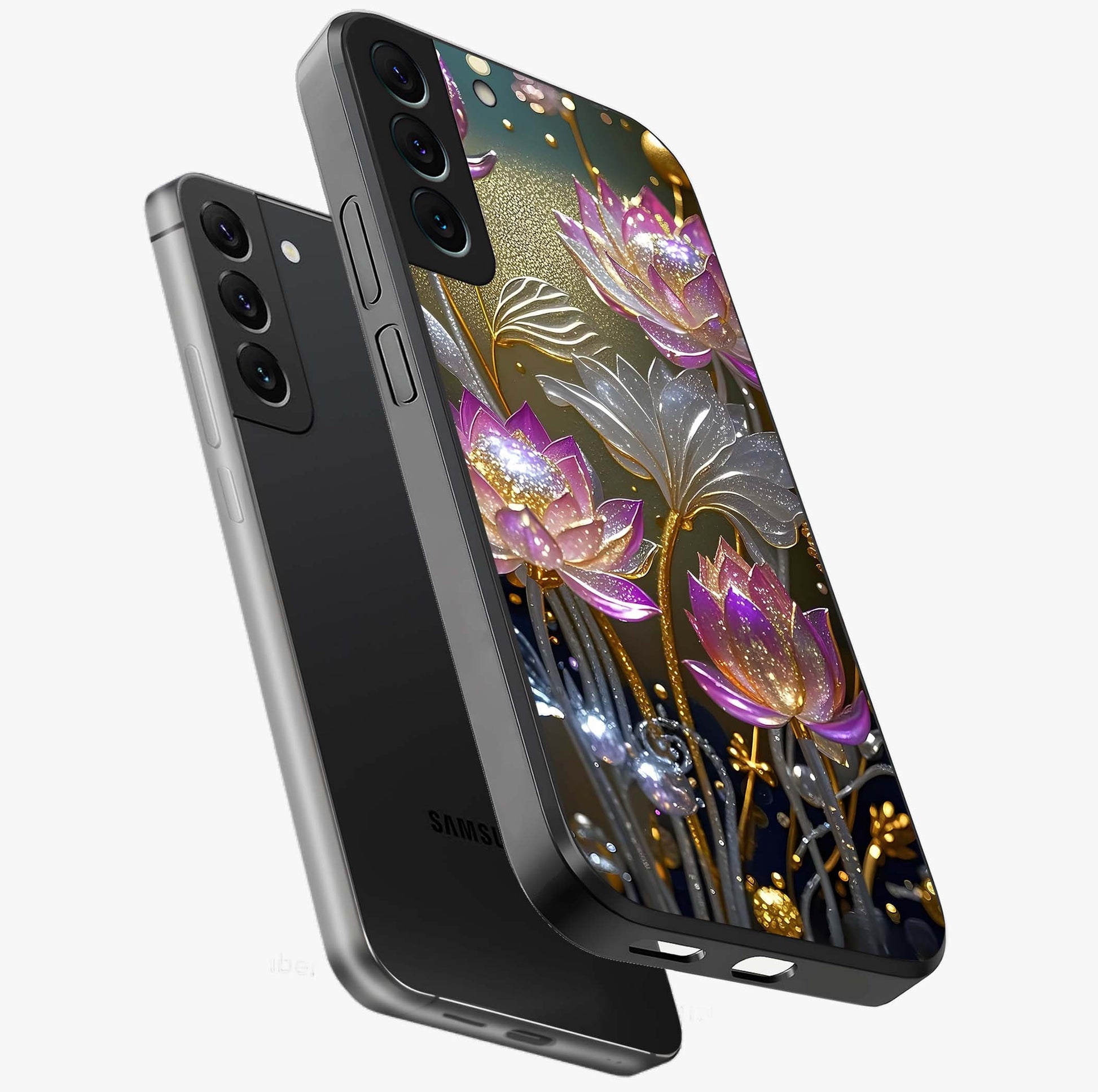 Golden Floral Majesty Glass Case displayed in angled mockup highlighting elegant flower design with royal golden aesthetic.