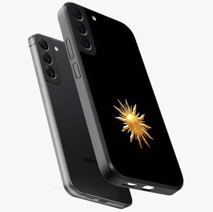 Golden Sun Minimalism Glass Case displayed in angled mockup highlighting eerie shadow illustration with gothic aesthetic.