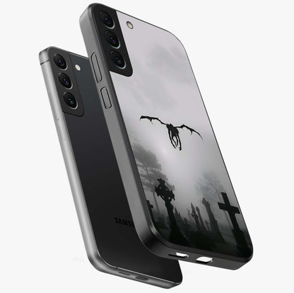 Graveyard Shadow Descent Glass Case displayed in angled mockup highlighting eerie shadow illustration with gothic aesthetic.