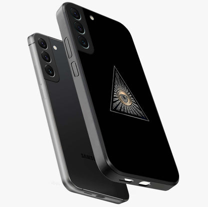 Illuminati Evil Glass Case displayed in angled mockup highlighting dark occult inspired design with bold aesthetic style.