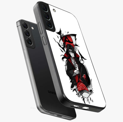 Itachi Sharingan Glass Case displayed in angled mockup highlighting striking sharingan eye design with dramatic anime aesthetic.