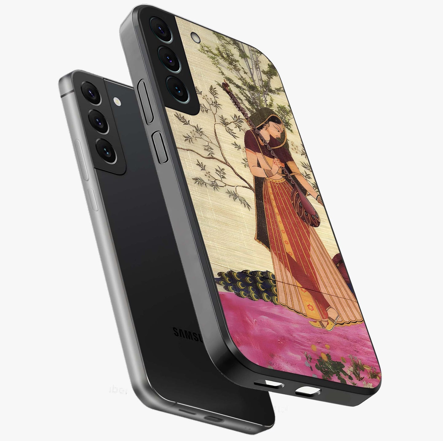 Lady With Veena Art Glass Case displayed in angled mockup highlighting graceful musical illustration with cultural artistic aesthetic.