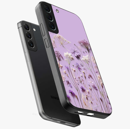 Lavender Blossom Dream Glass Case displayed in angled mockup highlighting dreamy lavender flower design with calming aesthetic style.