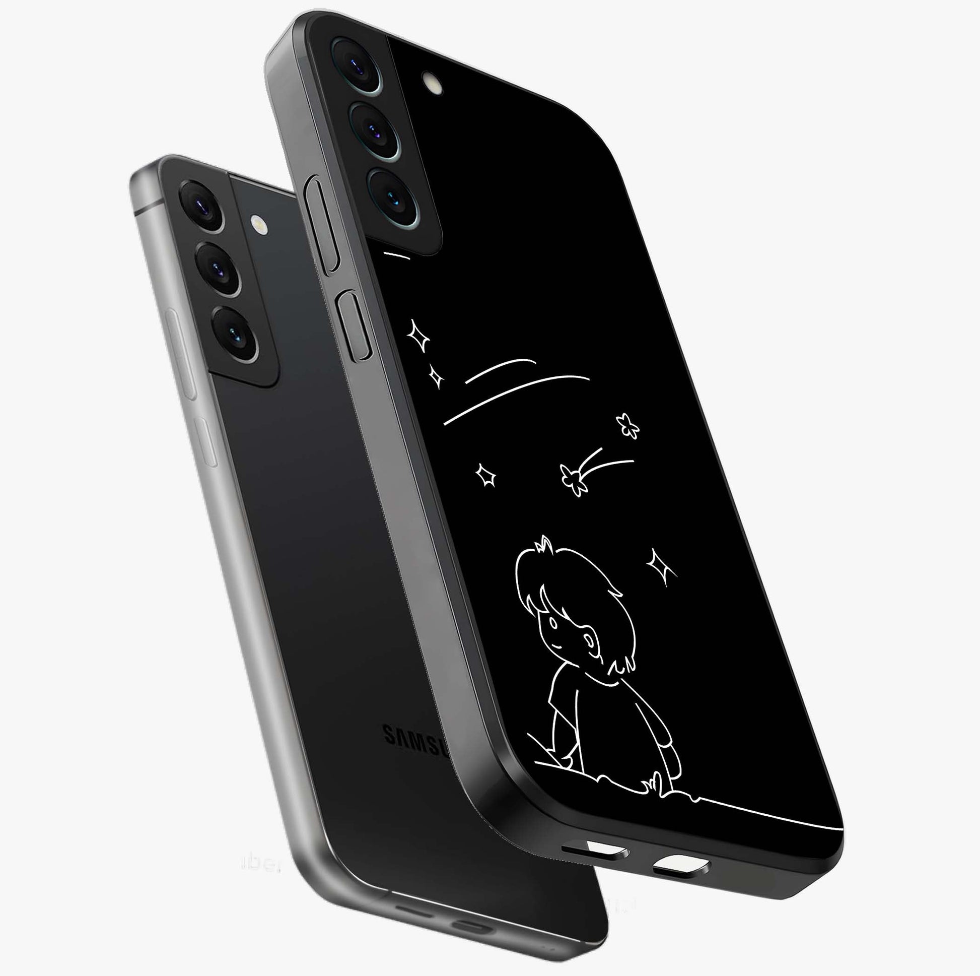 Line Art Boy With Shooting Stars Glass Case displayed in angled mockup highlighting elegant line art design with dreamy star aesthetic.